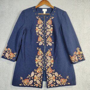 Chico's Jacket Women's 2 Navy Floral Embroidered 3/4 Sleeve Full Zip Preppy Boho